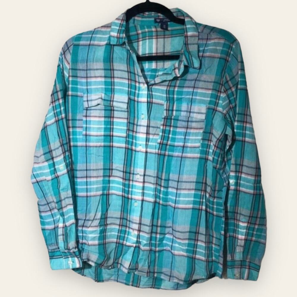 Gap Teal Boyfriend Plaid Button Down Shirt